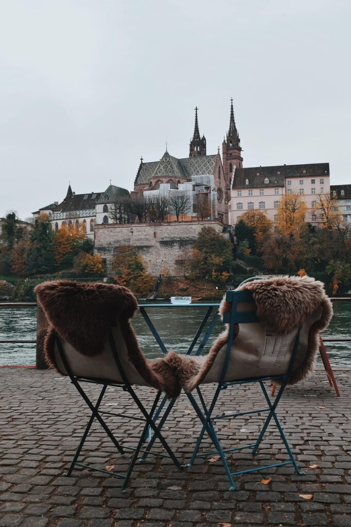 buildings, terrace, cathedral, famous place, tourism, freedom, promenade, riverside, calm, peaceful, autumn, basel, bastion, chairs, cityscape, cobblestones, europe, river, street, switzerland, landscape